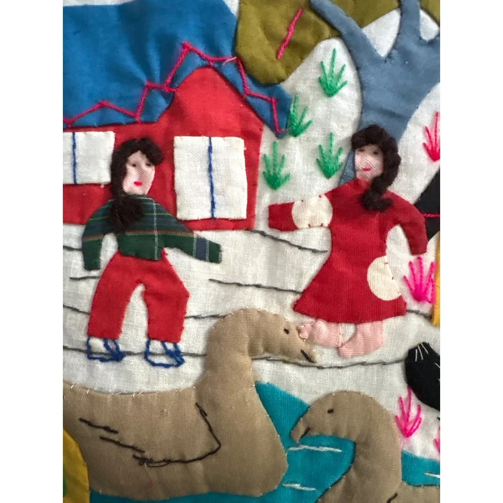 Handmade Arpillera Folk Art‎ Pillow Cover Embroidered 3D Village Scene Colorful
